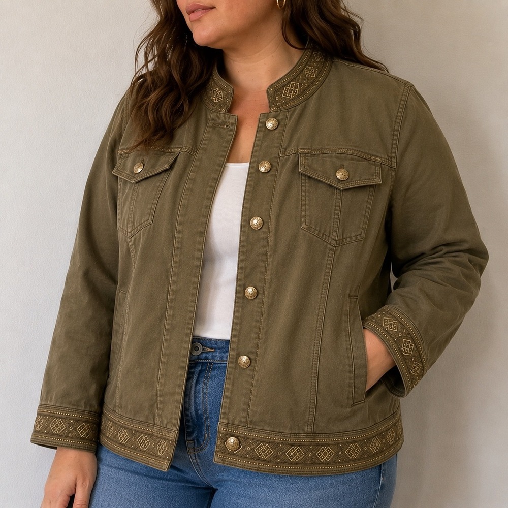 White House Black Market Brown Casual Pioneer Jacket Embroidered 18W Military